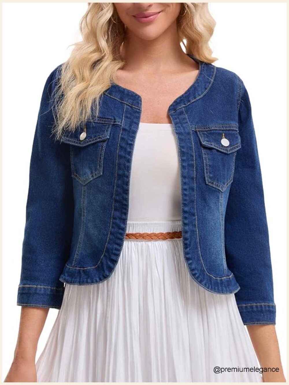 Women's Collarless Denim Cardigan Jacket 3/4 Sleeve Button Down